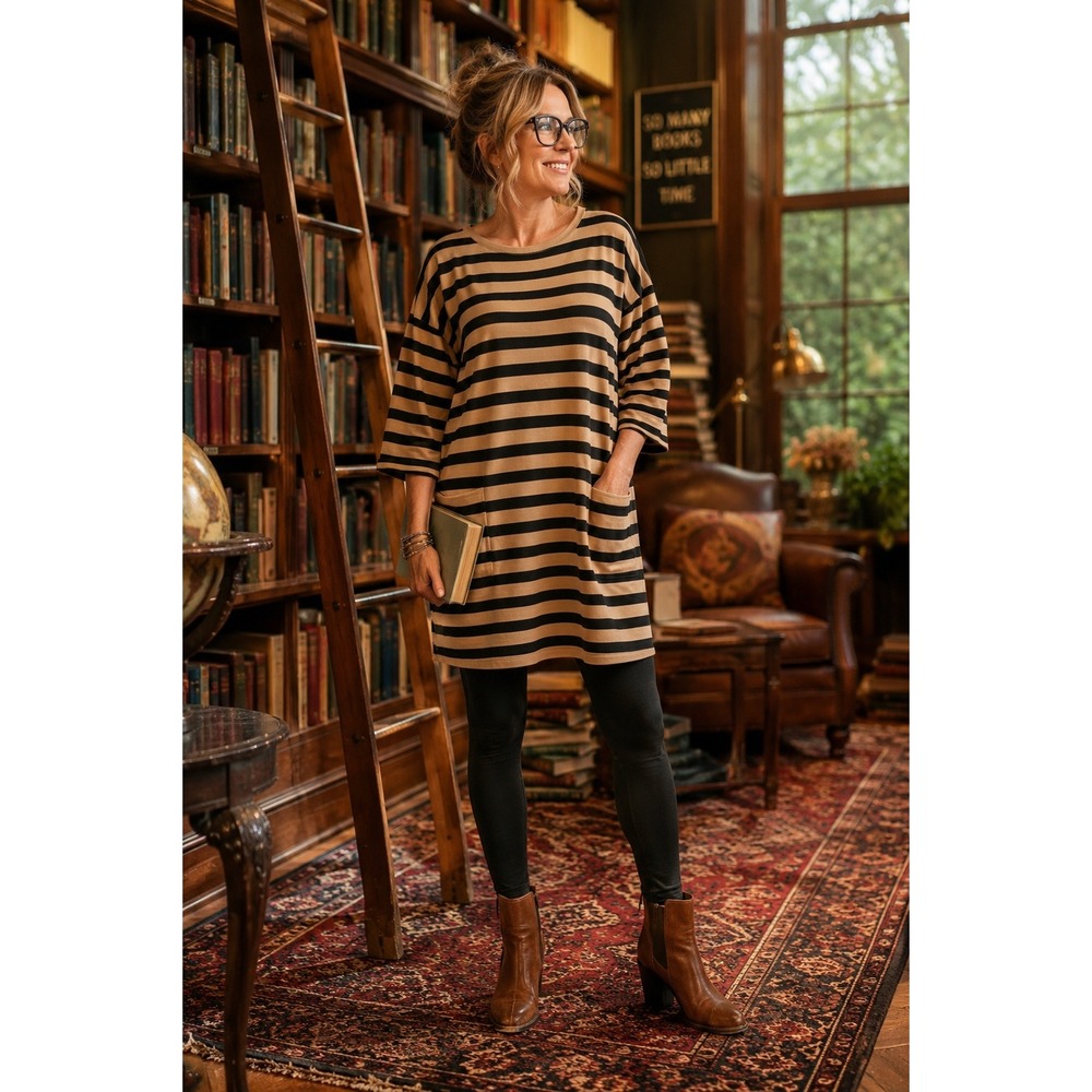 FatFace Tan Black Striped Tunic Dress Pockets Cotton Size US 10